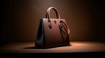 Luxury Leather Handbag and minimalistic backdrop. Created with Generative AI photo