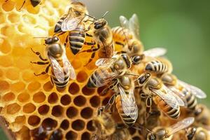 honey bees on honeycomb in apiary in summertime, Honey bees communicate with each other, AI Generative photo