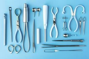 top view on various medical equipment, light blue background, copy space, AI Generative photo