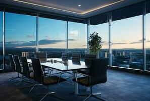 Modern office meeting room interior with glass windows. Created with Generative AI photo