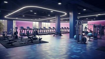 Within gym with modern fitness equipment for fitness events and more. Modern of gym interior with equipment. Sports equipment in the gym. Created with Generative AI photo