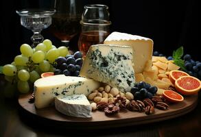 Various types of cheese on rustic wooden table. Created with Generative AI photo