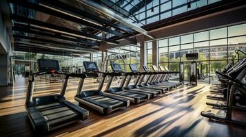 Within gym with modern fitness equipment for fitness events and more. Modern of gym interior with equipment. Sports equipment in the gym. Created with Generative AI photo