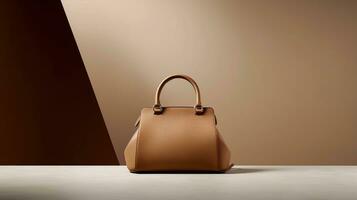 Luxury Leather Handbag and minimalistic backdrop. Created with Generative AI photo