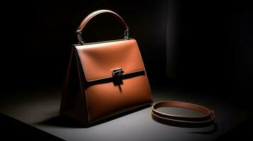 Luxury Leather Handbag and minimalistic backdrop. Created with Generative AI photo