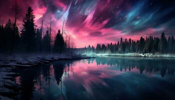 Aurora borealis lake snowy trees mountains. Created with Generative AI photo
