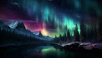 Aurora borealis lake snowy trees mountains. Created with Generative AI photo
