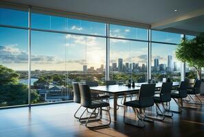 Modern office meeting room interior with glass windows. Created with Generative AI photo