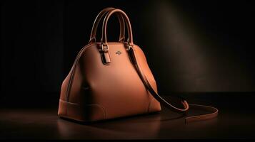 Luxury Leather Handbag and minimalistic backdrop. Created with Generative AI photo