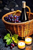 Wine bottle and cup with grapes. AI generated photo