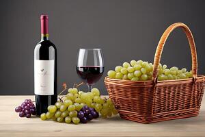 Wine bottle and cup with grapes. AI generated photo