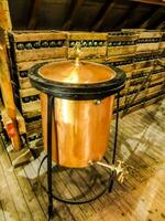 a copper pot sitting on top of a wooden floor photo