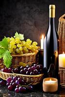 Wine bottle and cup with grapes. AI generated photo