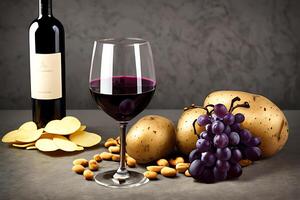 Wine bottle and cup with grapes. AI generated photo