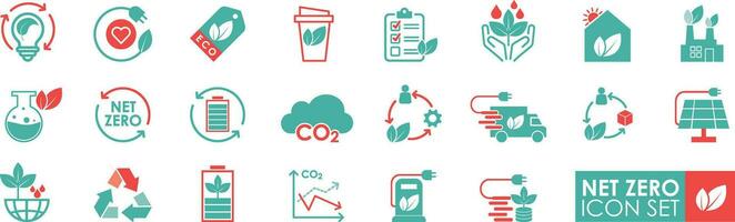 Net zero icons. Contains such Icons as CO2 neutral, save Earth, and climate action. ecology, financial performance, sustainable development, and more. Solid icon style. vector