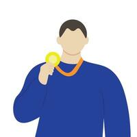 Portrait of a guy with a gold medal in his hand, flat vector, isolate on white, faceless illustration, minimalism vector