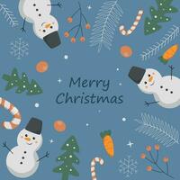 Christmas background with snowmen and fir trees vector