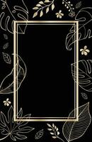 Minimalist leaf botanical hand drawn drawing illustration with golden frame on black background, empty space card floral decorative border. Elegant card illustration graphic set banner. vector