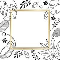 minimalista hoja botánico mano dibujado dibujo ilustración con dorado cuadrado marco en blanco fondo, vacío espacio tarjeta floral decorativo borde. elegante tarjeta ilustración gráfico conjunto bandera. vector