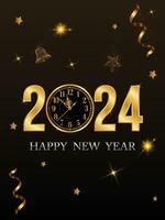 2024 Happy new year with Golden Texture Numbers, clock and light. vector