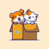 Cute Dog And Cute Cat Playing In The Box Cartoon Vector  Icon Illustration. Animal Nature Icon Concept Isolated  Premium Vector. Flat Cartoon Style