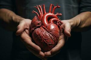 Close-up of a human heart hold in male hands, showing intricate details. Realistic depiction of a life-saving organ. Perfect for medical or health-related designs, educational materials, AI generated photo