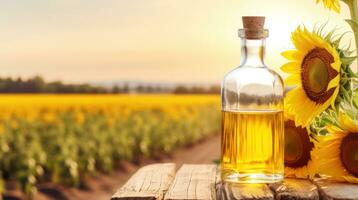 Sunflower oil. Transparent glass bottle with yellow sunflower oil on wooden table, sunflower field. Sunny day. With copy space. Organic food. For advertising, posters, banners, labels. AI generated photo