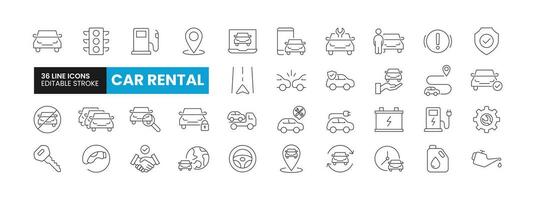 Set of 36 Car Rental line icons set. Car Rental outline icons with editable stroke collection. Includes Car, Service, Car key, Fuel, Electric Car and More. vector