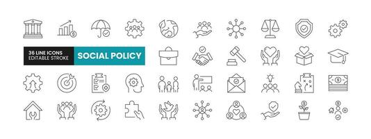 Set of 36 Social Policy line icons set. Social Policy outline icons with editable stroke collection. Includes Family, Human Resources, Welfare, Government, Justice and More. vector