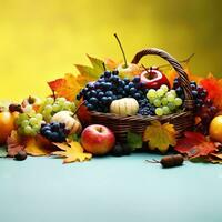 otoño todavía vida con cesta de frutas y vegetales en de madera mesa. ai generativo foto