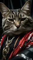 Fashionable bengal cat wearing stylish sunglasses and leather jacket. AI generative photo