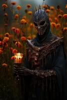 Scarecrow holding burning candle in the field of flowers. Halloween. AI generative photo