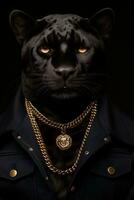 Portrait of a leopard in a jacket on a dark background. anthropomorphic leopard. AI generative photo