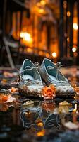 Burning shoes on the street in the city. Selective focus. AI generative photo