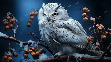 Snowy owl sitting on a branch in the forest. AI generative photo