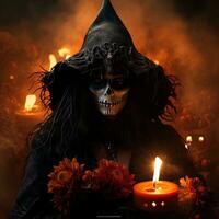 Scarecrow holding burning candle in the field of flowers. Halloween. AI generative photo