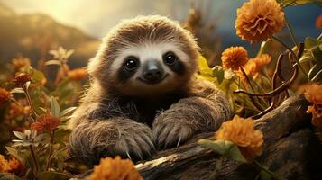 Cute sloth on the background of flowers in the meadow. AI generative photo