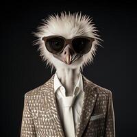 Portrait of an ostrich in a hat and a jacket on a black background. AI Generative photo