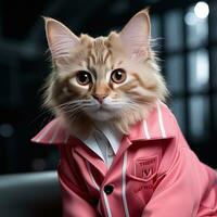 Cat in a red pink jacket and hoodie sitting on a chair. AI generative photo