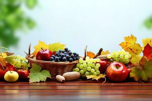 Autumn still life with basket of fruits and vegetables on wooden table. AI generative photo