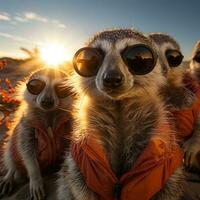 suricatas en naranja chaquetas y Gafas de sol en puesta de sol antecedentes. ai generativo foto