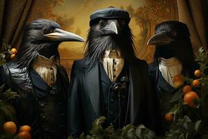 anthropomorphic ravens in a leather jacket on an old  background. AI generative photo