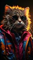 Portrait of a bengal cat wearing sunglasses and a jacket. AI generative photo