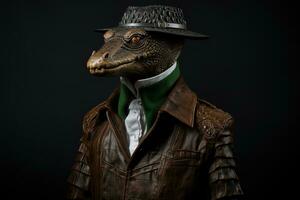 Funny crocodile in a suit, hat and glasses on a dark background. AI generative photo