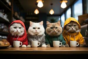 gatos en un café gatos reunión en un café con comidas ai generativo foto