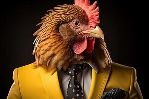 Portrait of a rooster in a suit on a dark background. anthropomorphic animal. AI generative photo