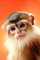 Portrait of a cute red-shanked douc langur on orange background. AI generative photo