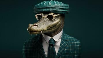 Funny crocodile in a suit, hat and glasses on a dark background. AI generative photo