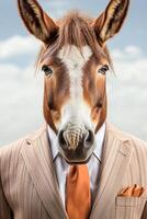 Portrait of a funny donkey wearing sunglasses and a suit. AI generative photo