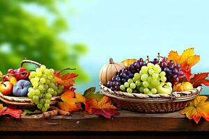 Autumn still life with basket of fruits and vegetables on wooden table. AI generative photo